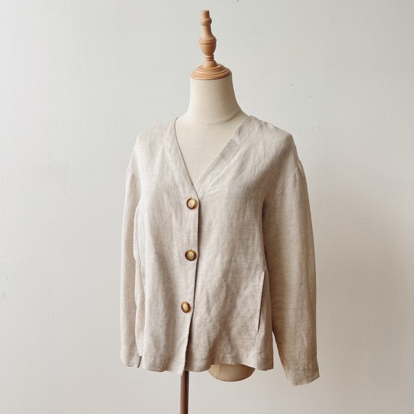 Vintage Tops - VINTAGE Linen Button V-Neck Beige Natural 3/4 Sleeve Top Womens Medium